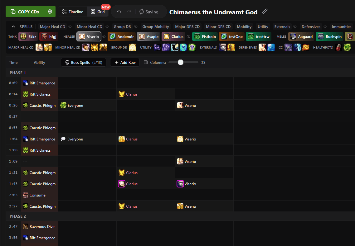 The cooldown planning grid, with each raider's assignments laid out against the fight