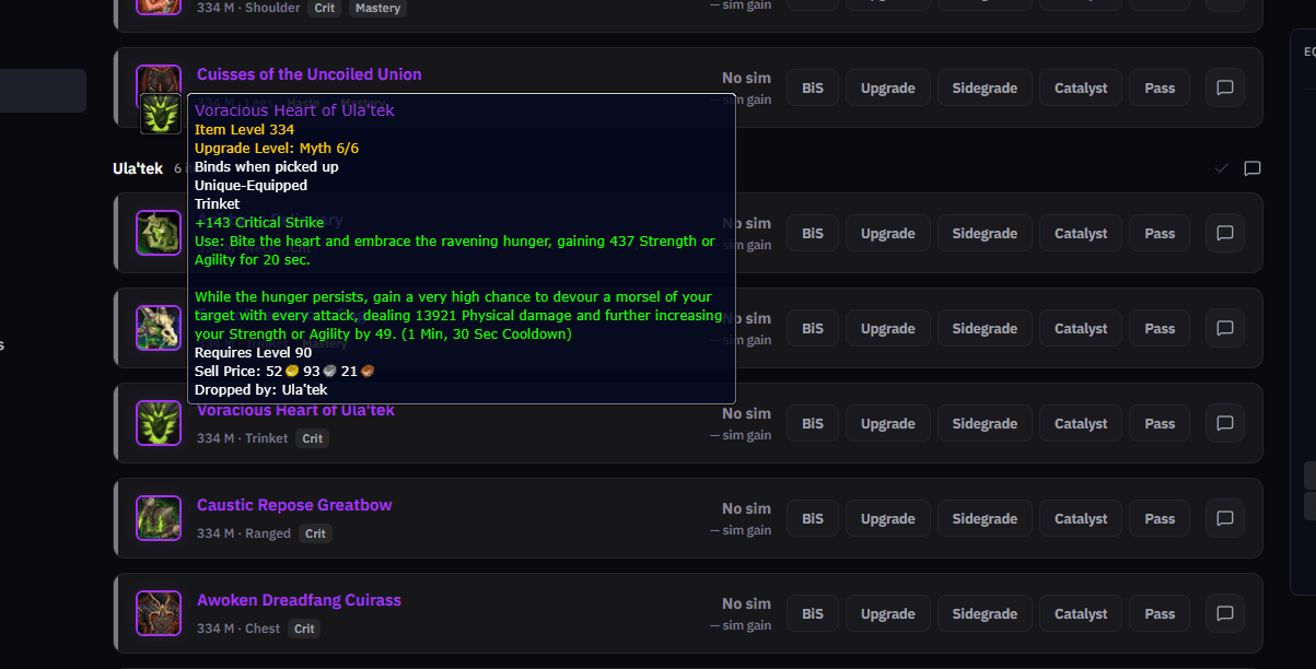Season 2 wishlist rows, each with its item, level and ranking buttons